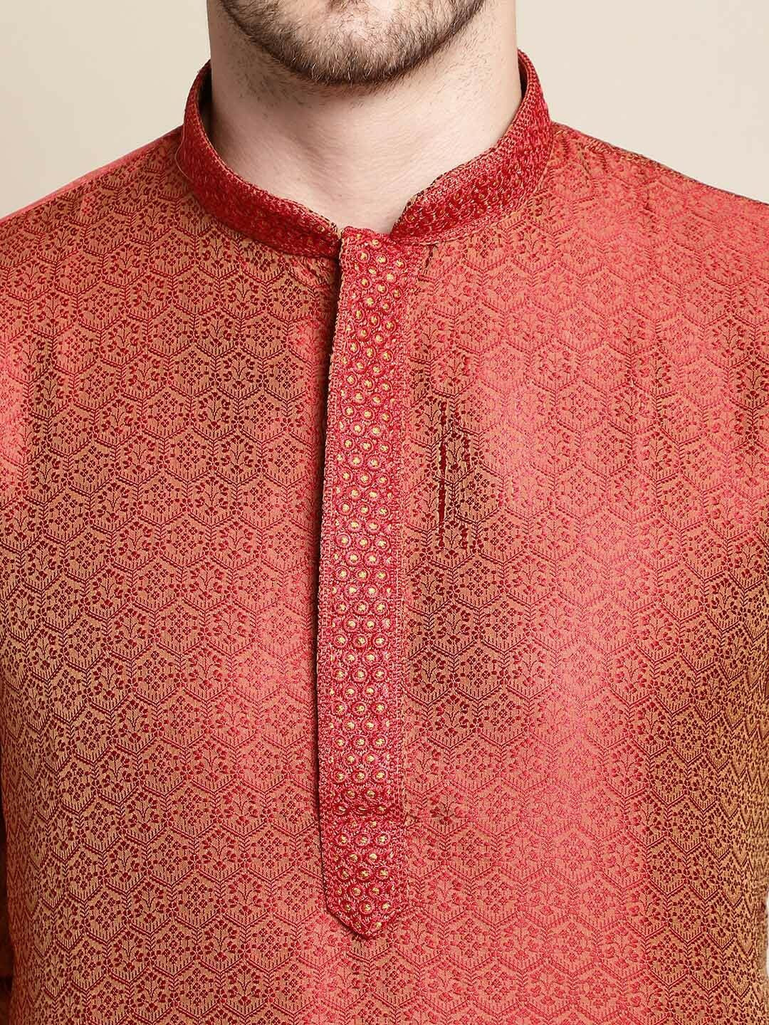 Red Floral Jacquard Cotton-Silk Kurta for Men with Short Sleeves