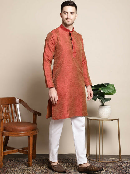 Red Floral Jacquard Cotton-Silk Kurta for Men with Short Sleeves