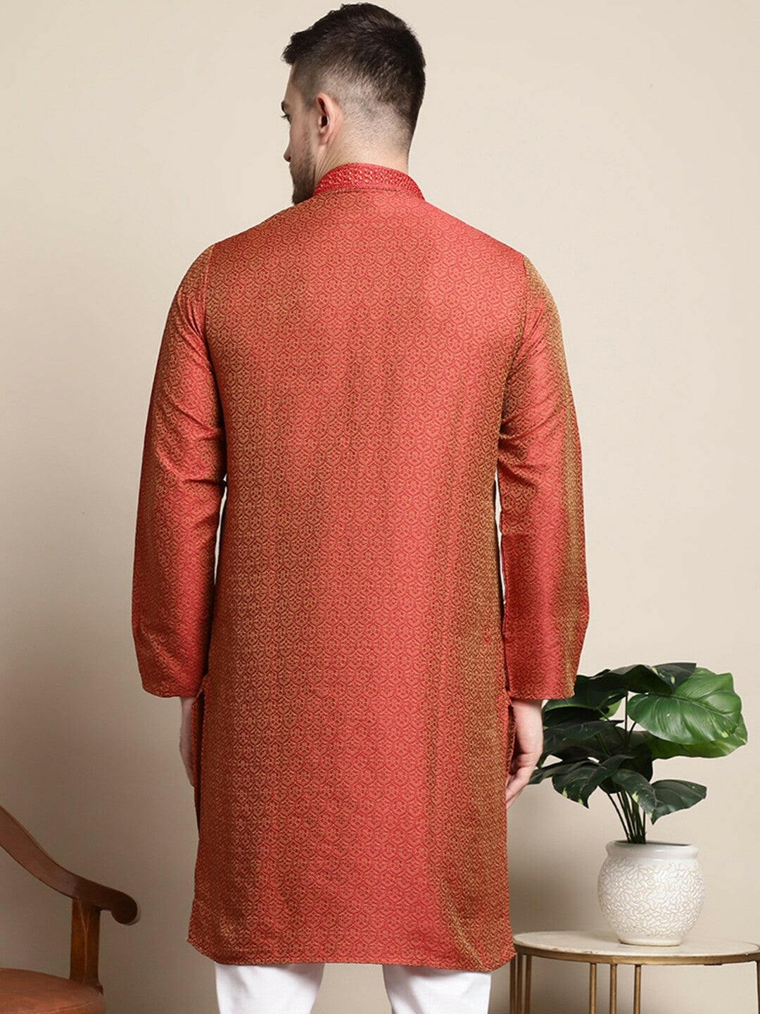 Red Floral Jacquard Cotton-Silk Kurta for Men with Short Sleeves
