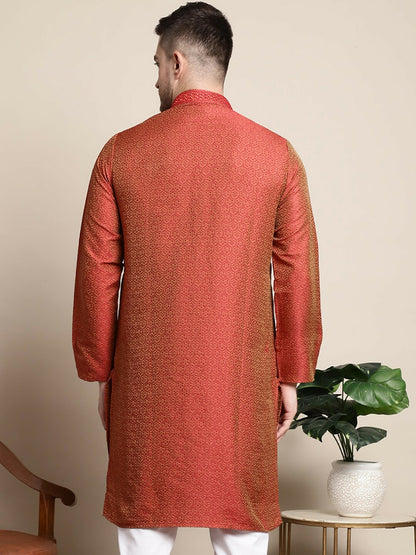 Red Floral Jacquard Cotton-Silk Kurta for Men with Short Sleeves