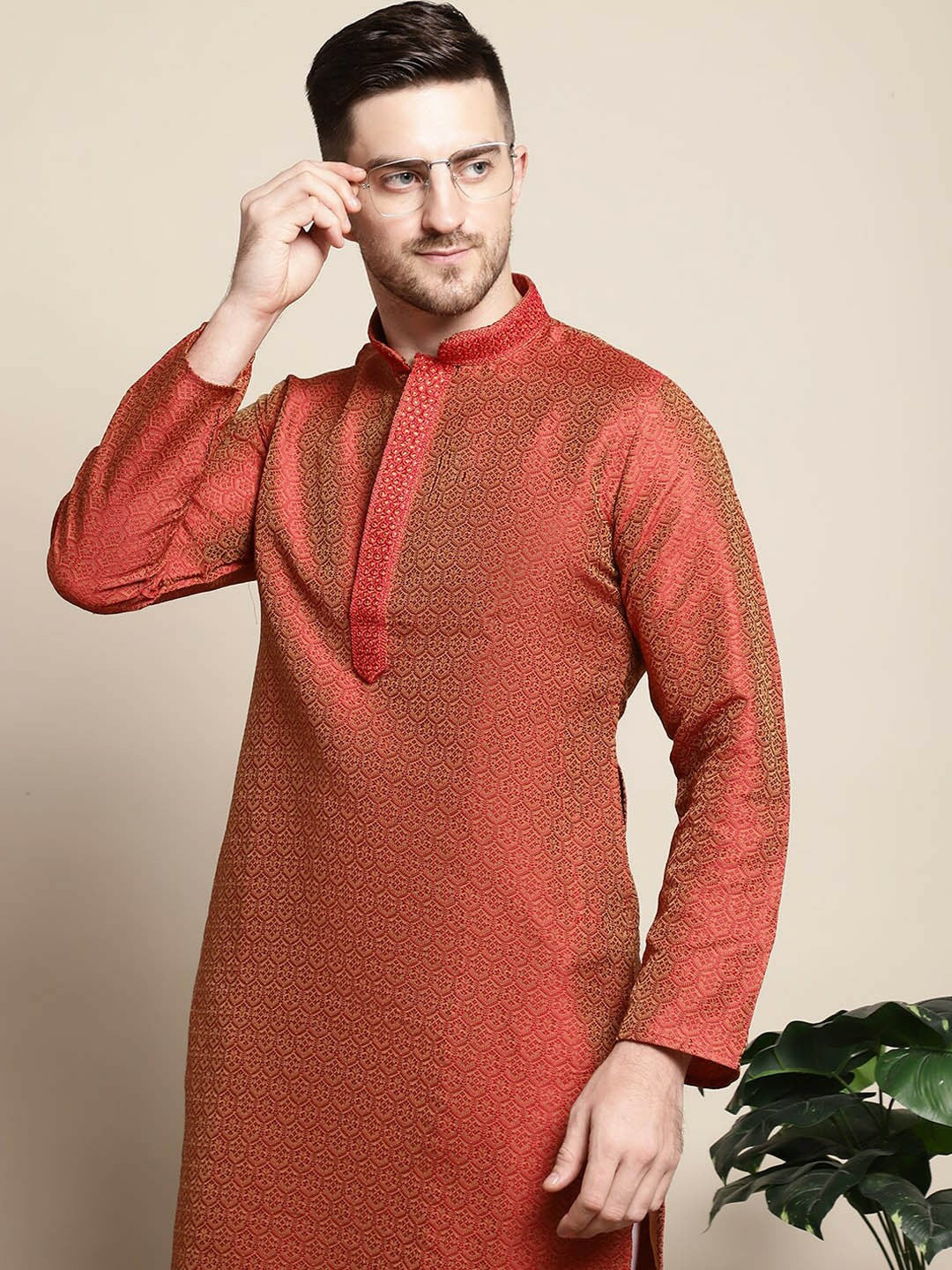 Red Floral Jacquard Cotton-Silk Kurta for Men with Short Sleeves