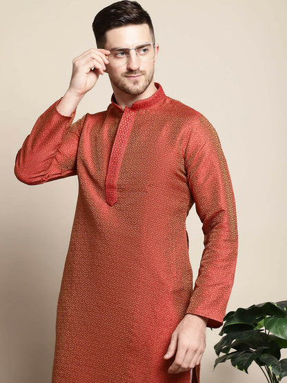 Red Floral Jacquard Cotton-Silk Kurta for Men with Short Sleeves