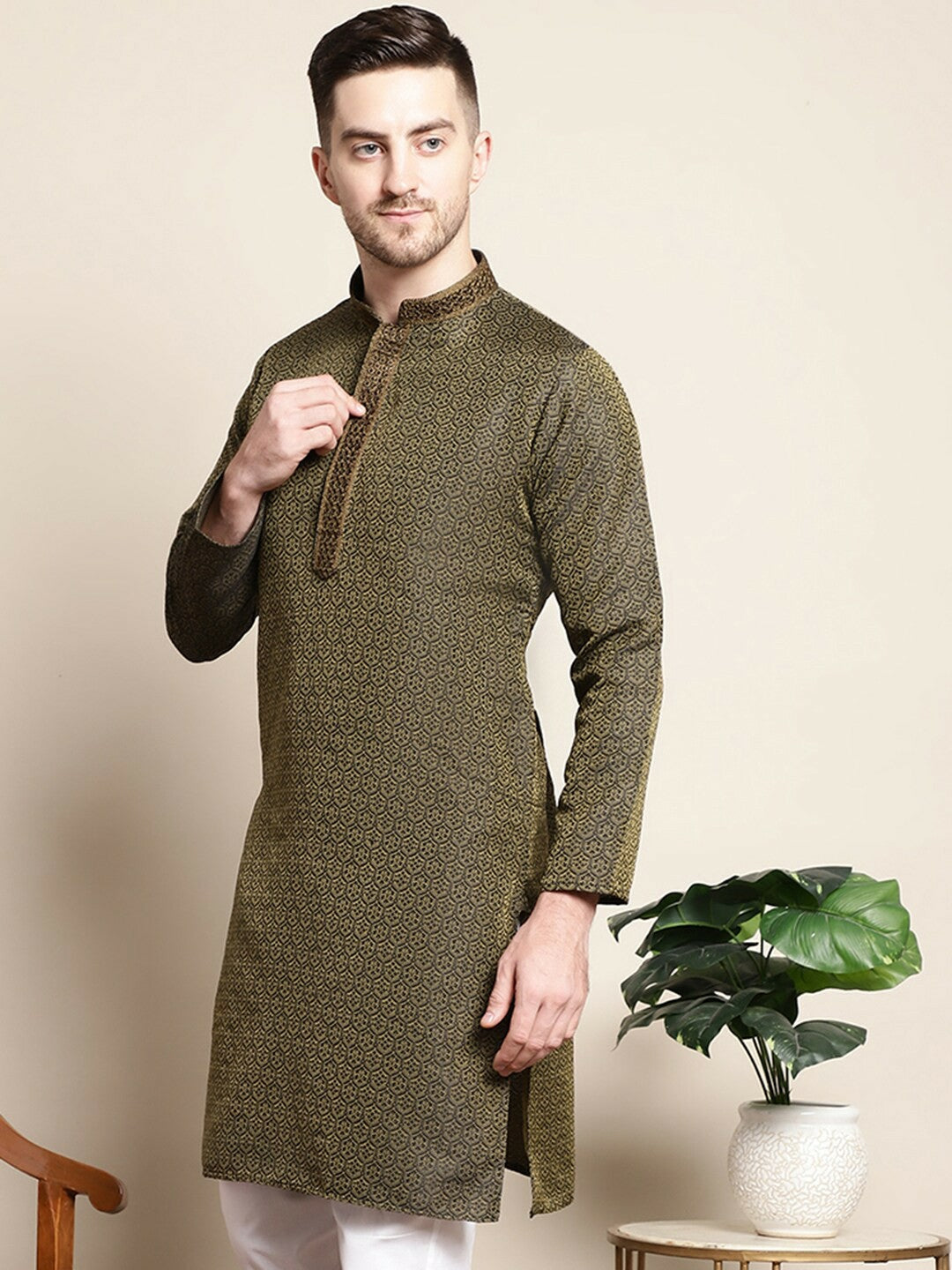 Olive Green Floral Jacquard Cotton-Silk Kurta for Men with Thread Work