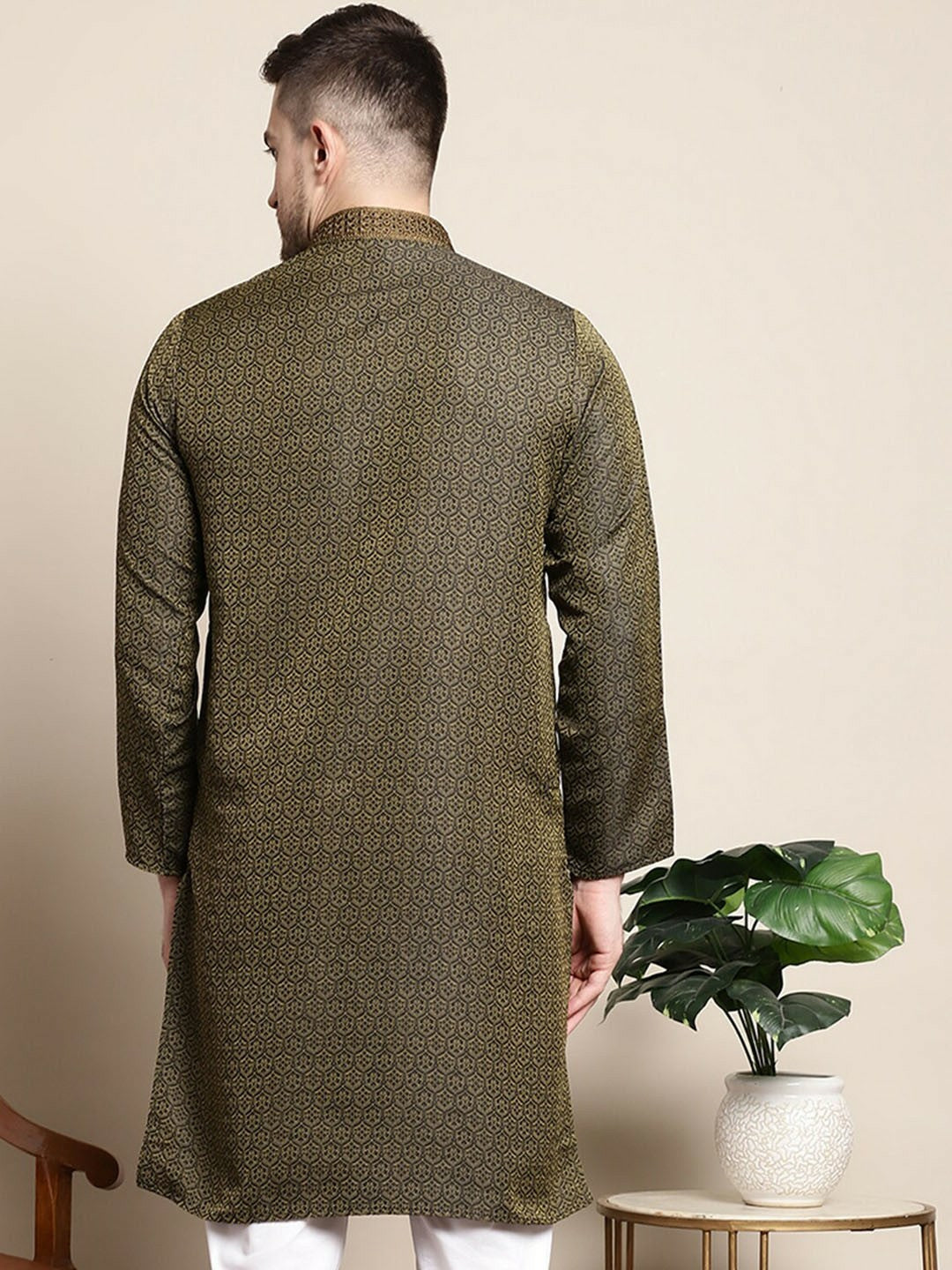 Olive Green Floral Jacquard Cotton-Silk Kurta for Men with Thread Work
