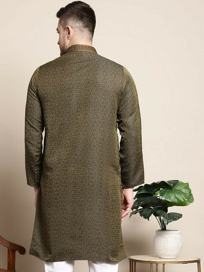 Olive Green Floral Jacquard Cotton-Silk Kurta for Men with Thread Work