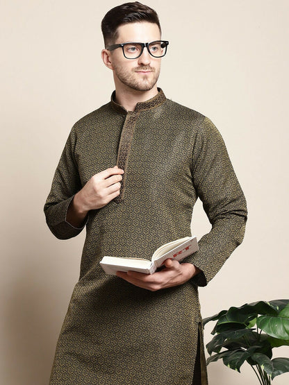 Olive Green Floral Jacquard Cotton-Silk Kurta for Men with Thread Work
