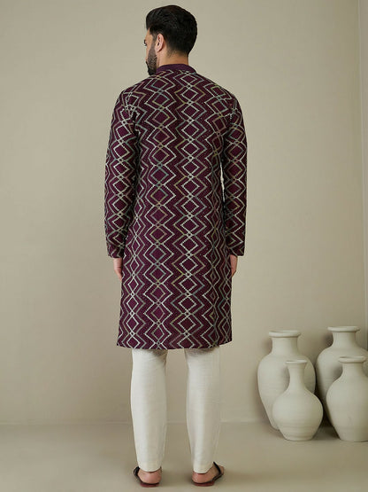 Men’s Magenta Ethnic Motif Embroidered Kurta with Thread Work