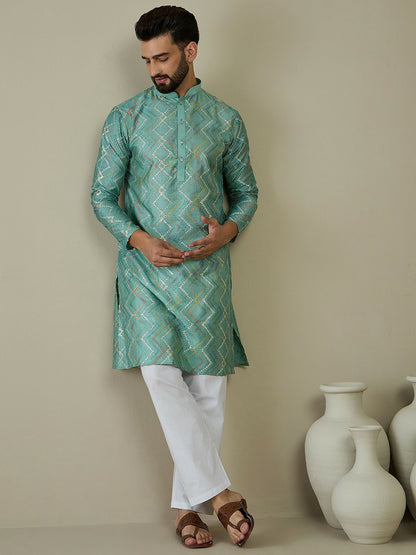 Men’s Sea Green Ethnic Motif Embroidered Kurta