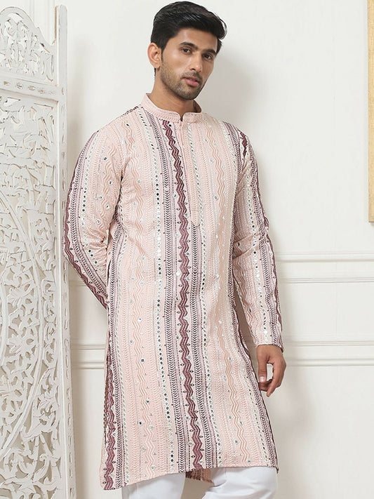 Men’s Pink Geometric Embroidered Kurta with Mirror Work & Pockets