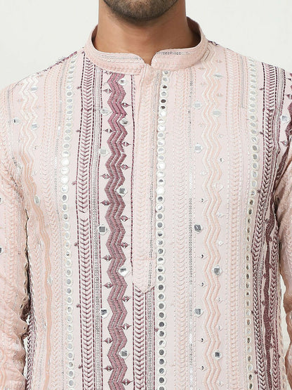 Men’s Pink Geometric Embroidered Kurta with Mirror Work & Pockets
