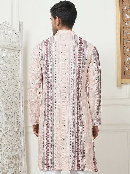 Men’s Pink Geometric Embroidered Kurta with Mirror Work & Pockets