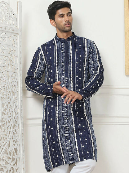 Men’s Navy Blue Embroidered Kurta with Mirror Work & Pockets
