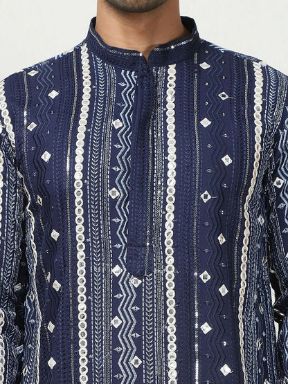 Men’s Navy Blue Embroidered Kurta with Mirror Work & Pockets