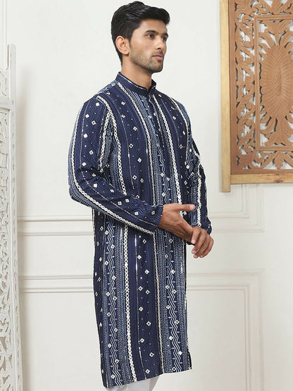 Men’s Navy Blue Embroidered Kurta with Mirror Work & Pockets