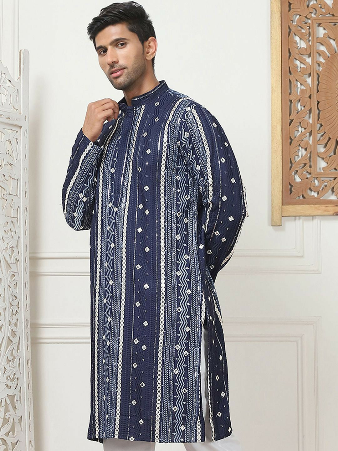 Men’s Navy Blue Embroidered Kurta with Mirror Work & Pockets