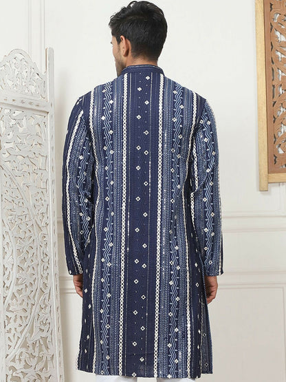 Men’s Navy Blue Embroidered Kurta with Mirror Work & Pockets
