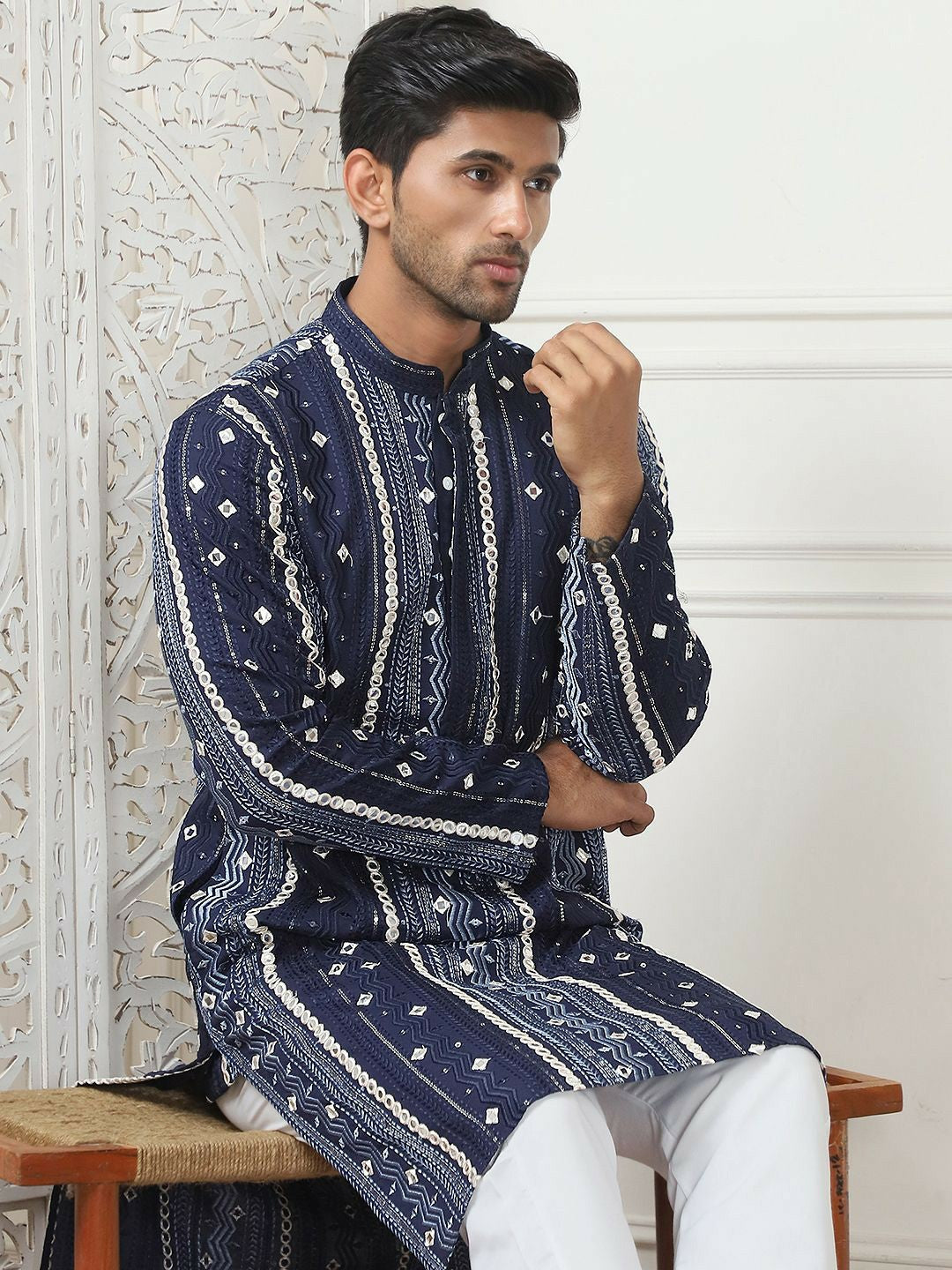 Men’s Navy Blue Embroidered Kurta with Mirror Work & Pockets