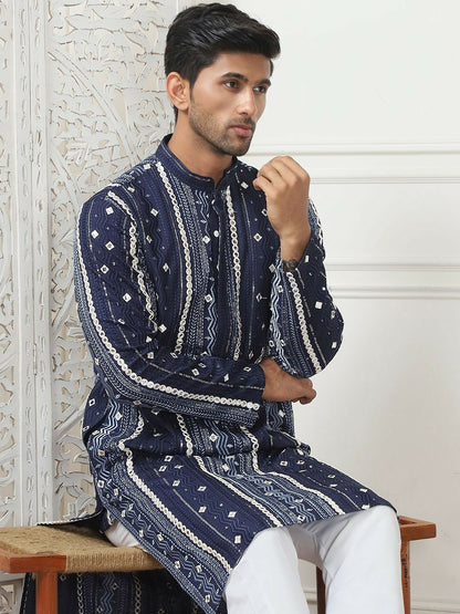 Men’s Navy Blue Embroidered Kurta with Mirror Work & Pockets