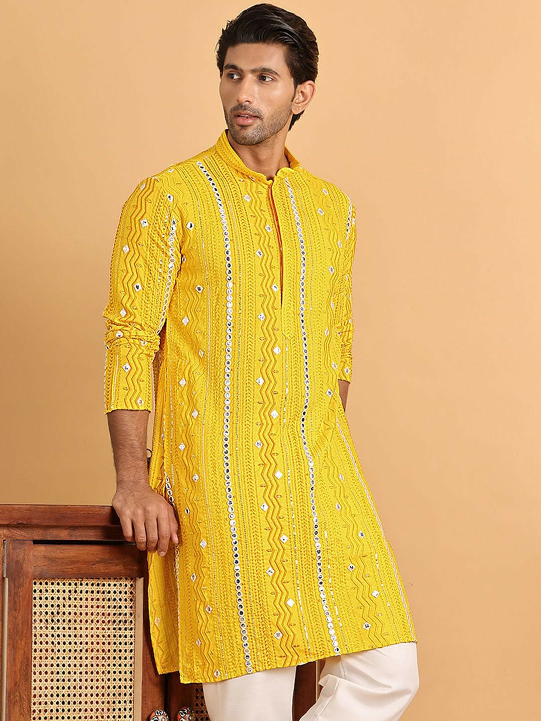 Men’s Yellow Embroidered Kurta with Mirror Work