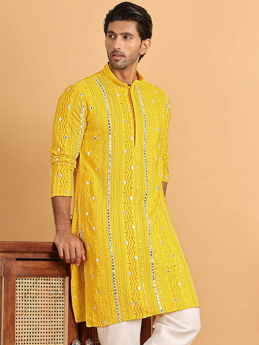 Men’s Yellow Embroidered Kurta with Mirror Work