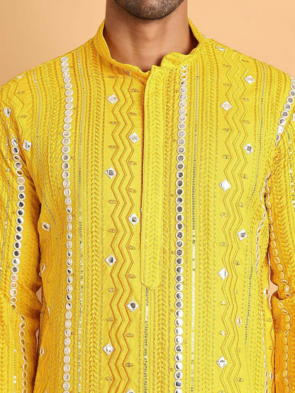 Men’s Yellow Embroidered Kurta with Mirror Work