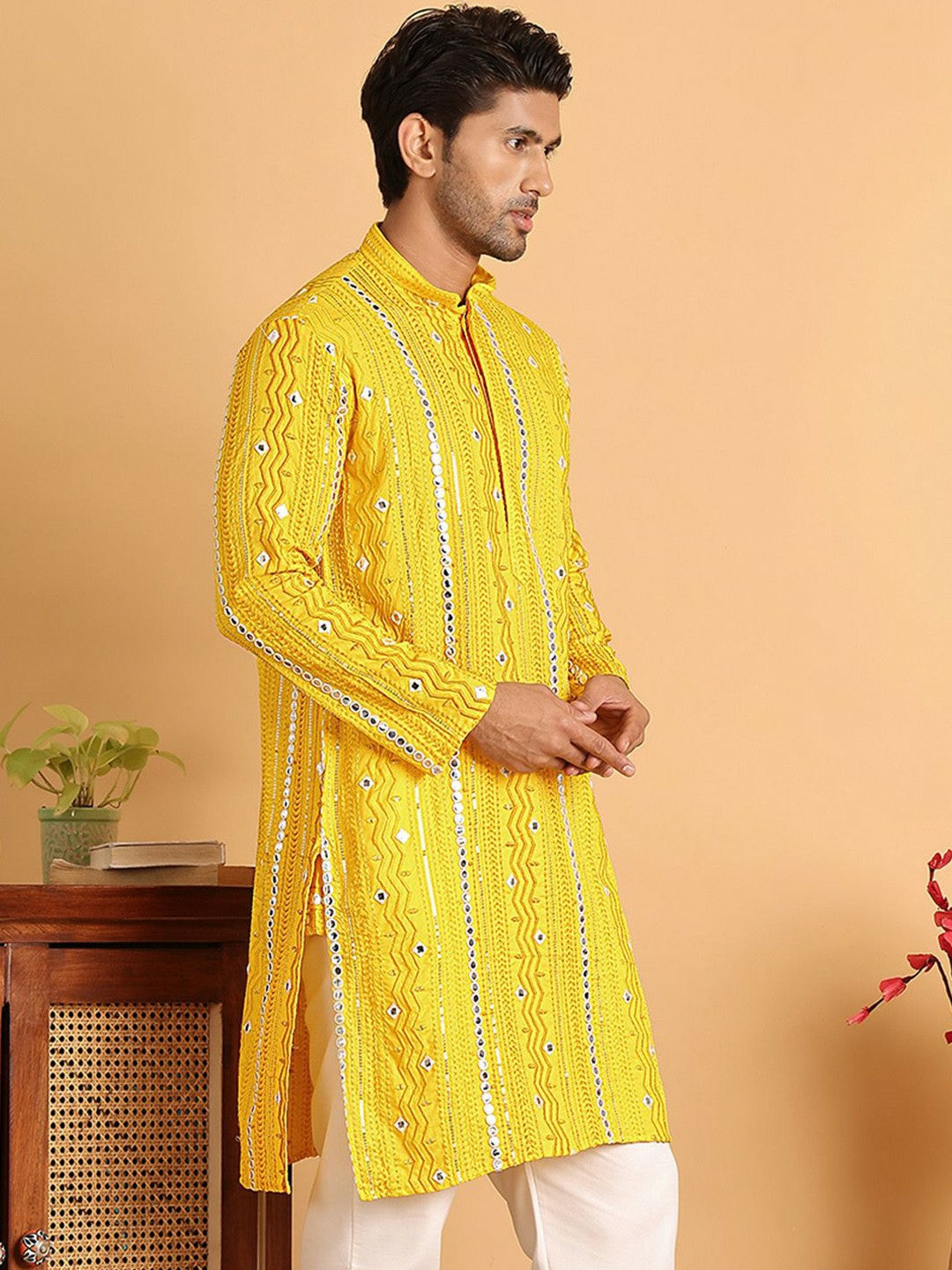 Men’s Yellow Embroidered Kurta with Mirror Work