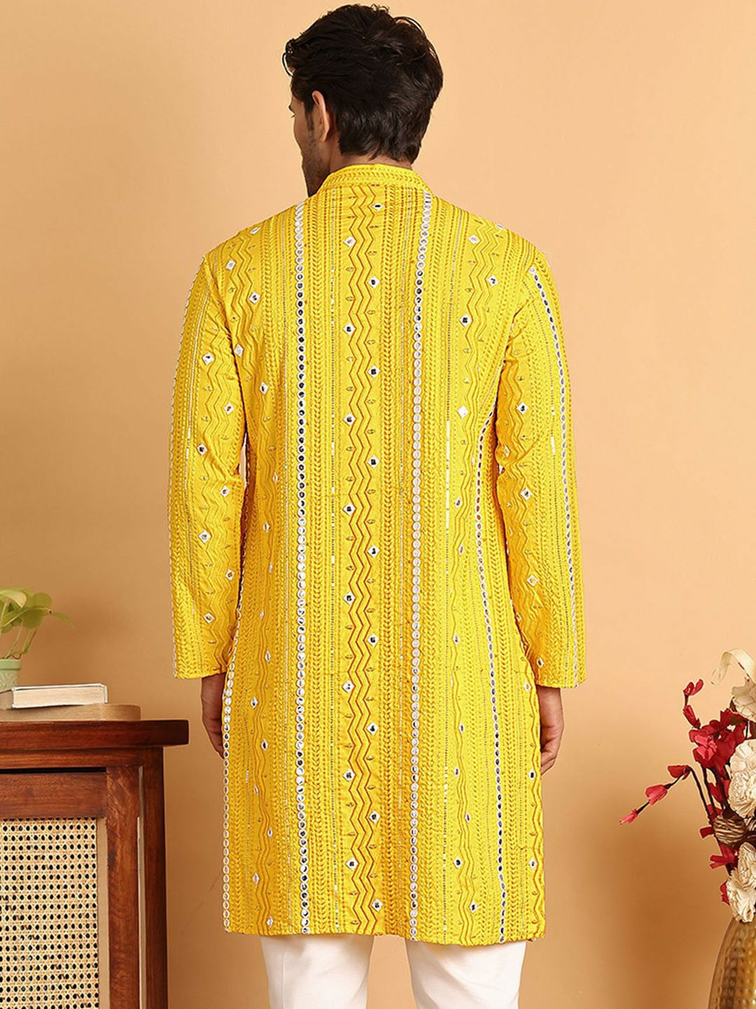 Men’s Yellow Embroidered Kurta with Mirror Work