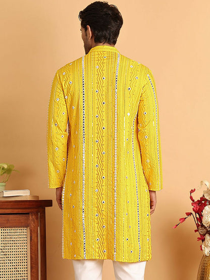 Men’s Yellow Embroidered Kurta with Mirror Work