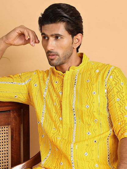 Men’s Yellow Embroidered Kurta with Mirror Work