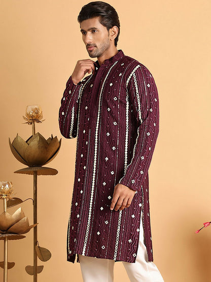Men’s Purple Embroidered Kurta with Mirror Work