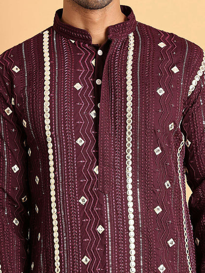 Men’s Purple Embroidered Kurta with Mirror Work