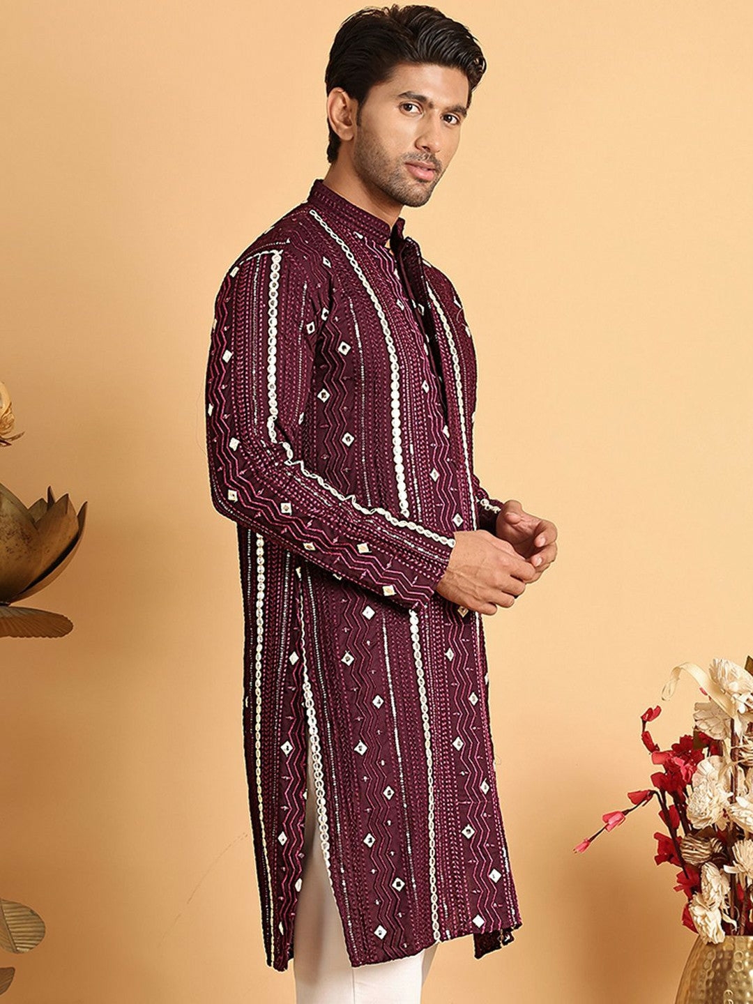 Men’s Purple Embroidered Kurta with Mirror Work