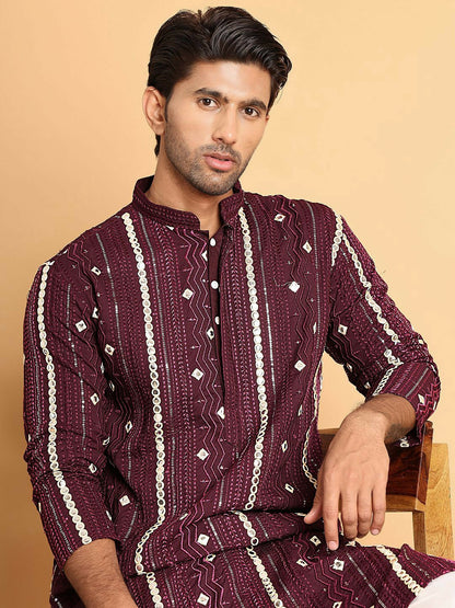 Men’s Purple Embroidered Kurta with Mirror Work