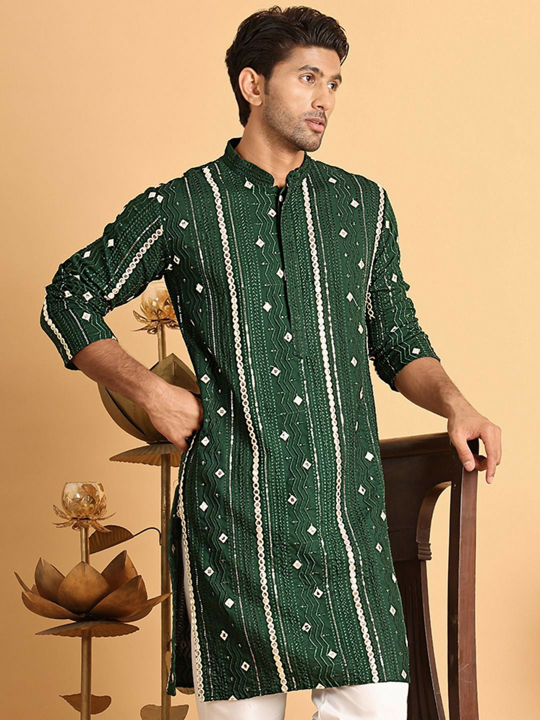 Men’s Olive Green Embroidered Kurta with Mirror Work