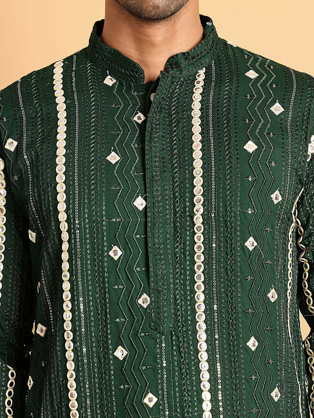 Men’s Olive Green Embroidered Kurta with Mirror Work