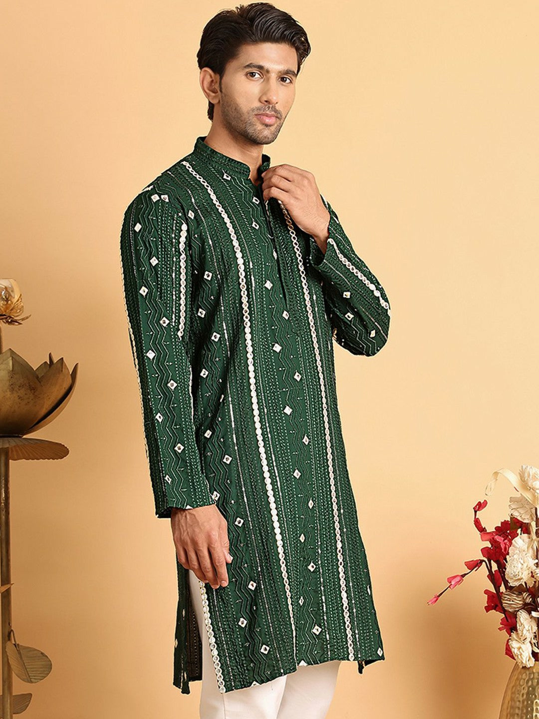 Men’s Olive Green Embroidered Kurta with Mirror Work