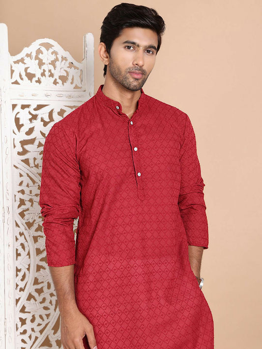 Men’s Maroon Chikankari Embroidered Cotton Kurta