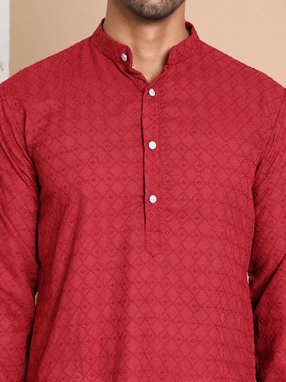 Men’s Maroon Chikankari Embroidered Cotton Kurta