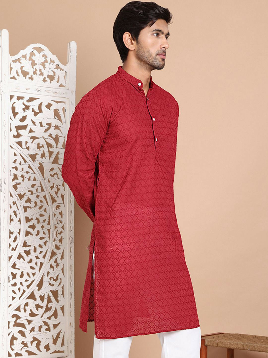 Men’s Maroon Chikankari Embroidered Cotton Kurta