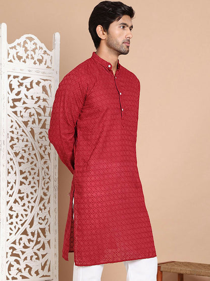 Men’s Maroon Chikankari Embroidered Cotton Kurta