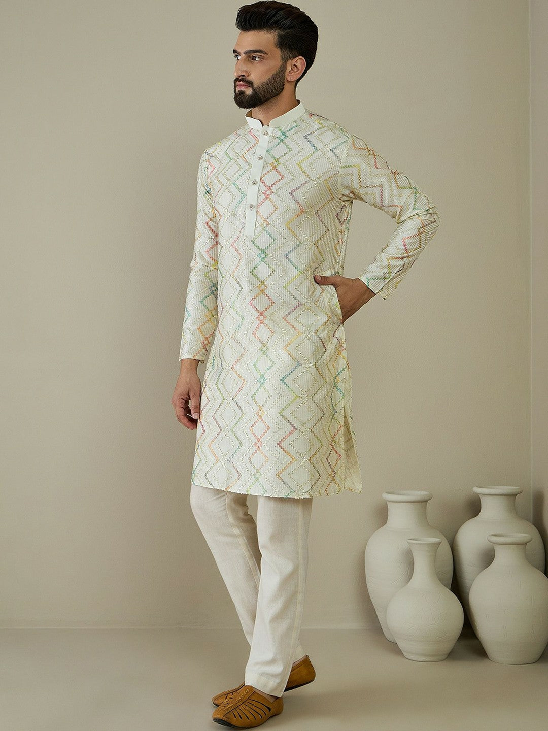 Men’s Off-White Geometric Embroidered Kurta with Sequin Detail