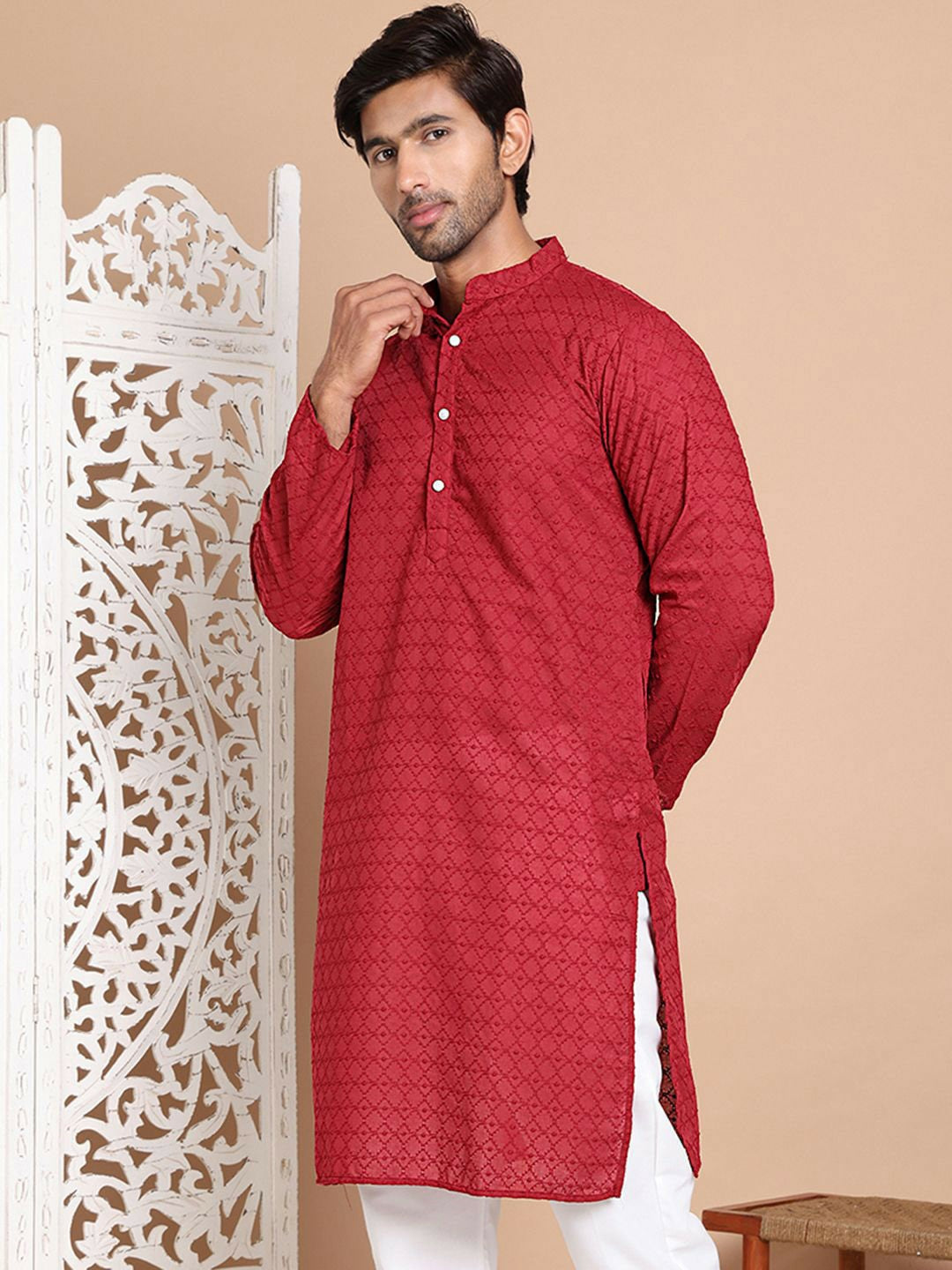 Men’s Maroon Chikankari Embroidered Cotton Kurta