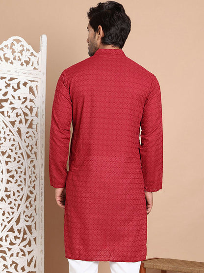 Men’s Maroon Chikankari Embroidered Cotton Kurta