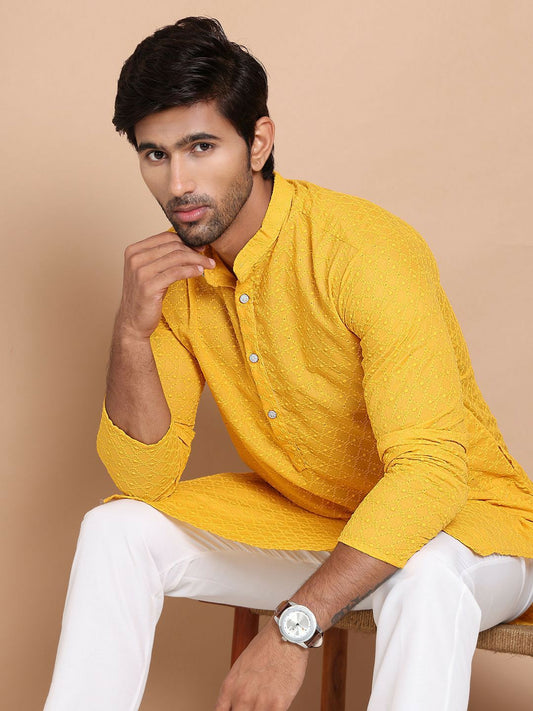 Men’s Mustard Yellow Chikankari Embroidered Cotton Kurta