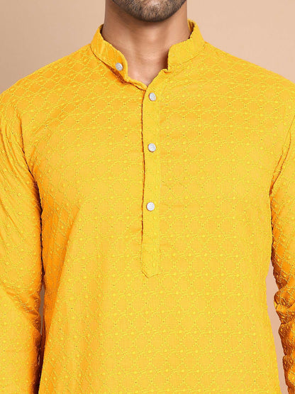 Men’s Mustard Yellow Chikankari Embroidered Cotton Kurta