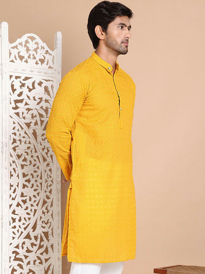 Men’s Mustard Yellow Chikankari Embroidered Cotton Kurta
