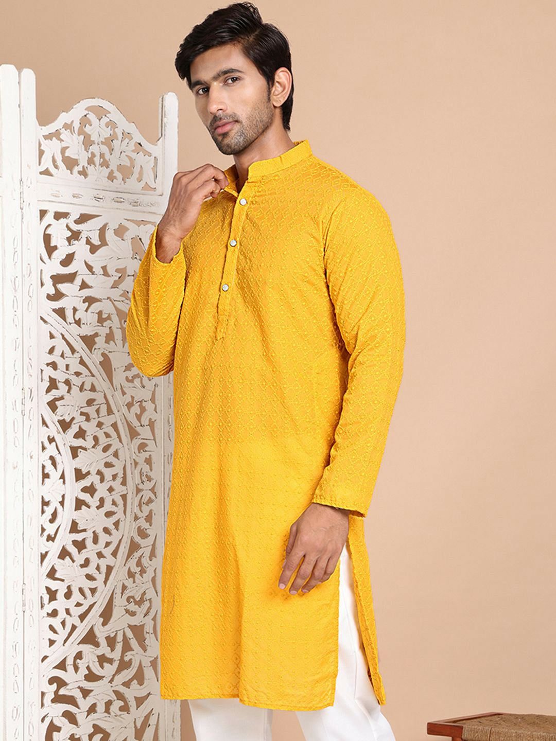 Men’s Mustard Yellow Chikankari Embroidered Cotton Kurta