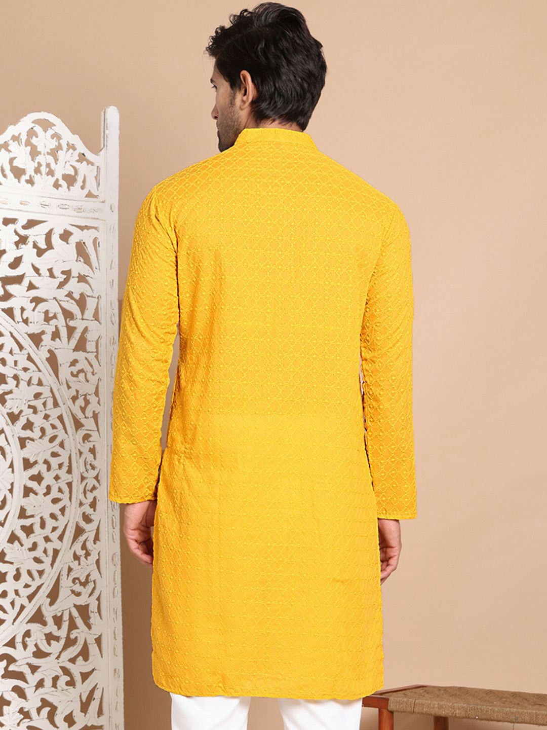 Men’s Mustard Yellow Chikankari Embroidered Cotton Kurta
