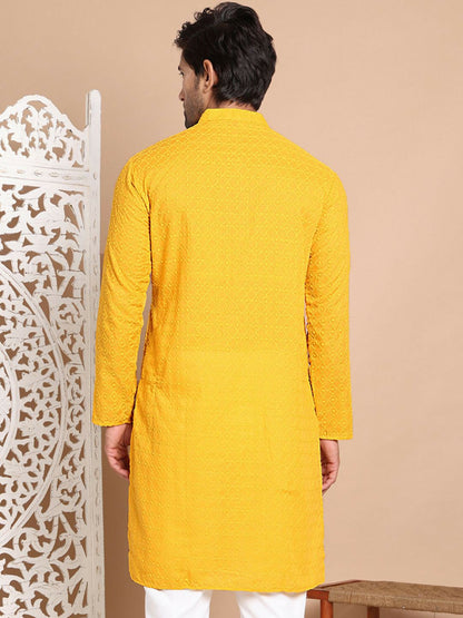 Men’s Mustard Yellow Chikankari Embroidered Cotton Kurta