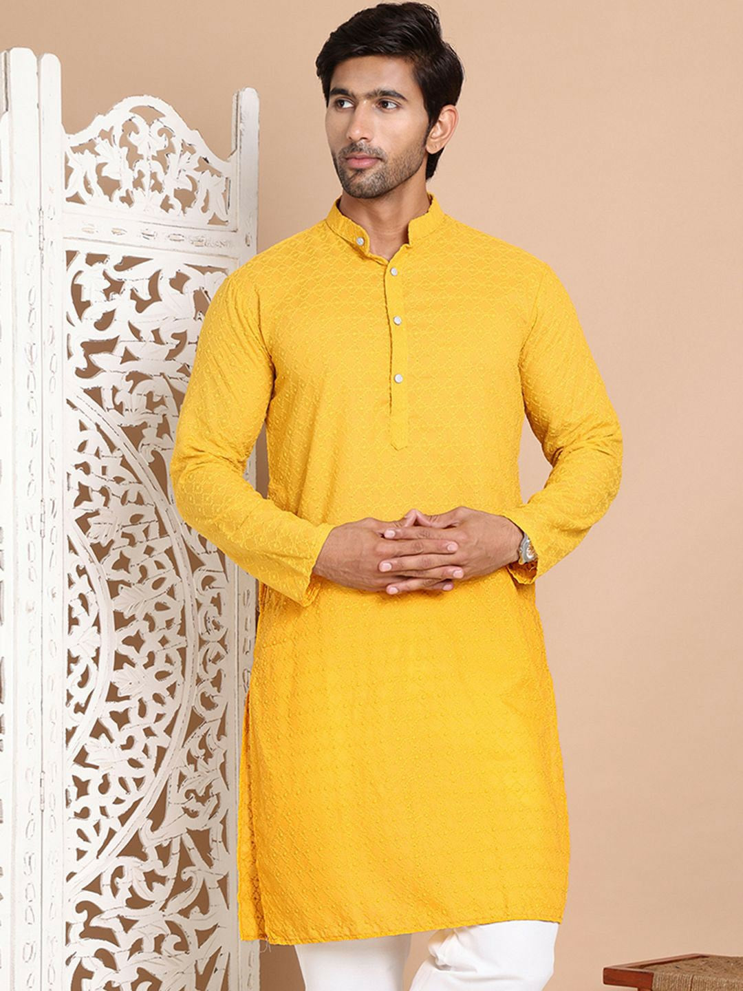 Men’s Mustard Yellow Chikankari Embroidered Cotton Kurta